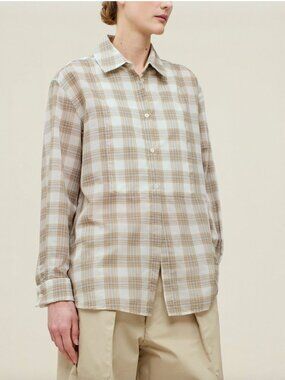 Kallmeyer Chloé Bib Button Down in Beige Plaid, size XS